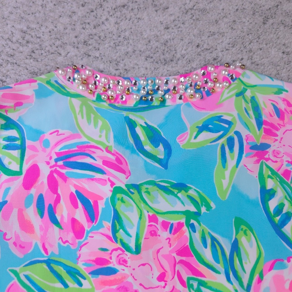 Lily Pulitzer Dress Size Small Elenora Silk Bell Sleeve Beaded Floral Pink Blue - Picture 4 of 9